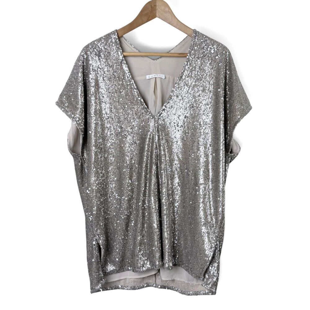 Karlie Champagne Sequin Plunge Neck Sleeveless Party Top Size L